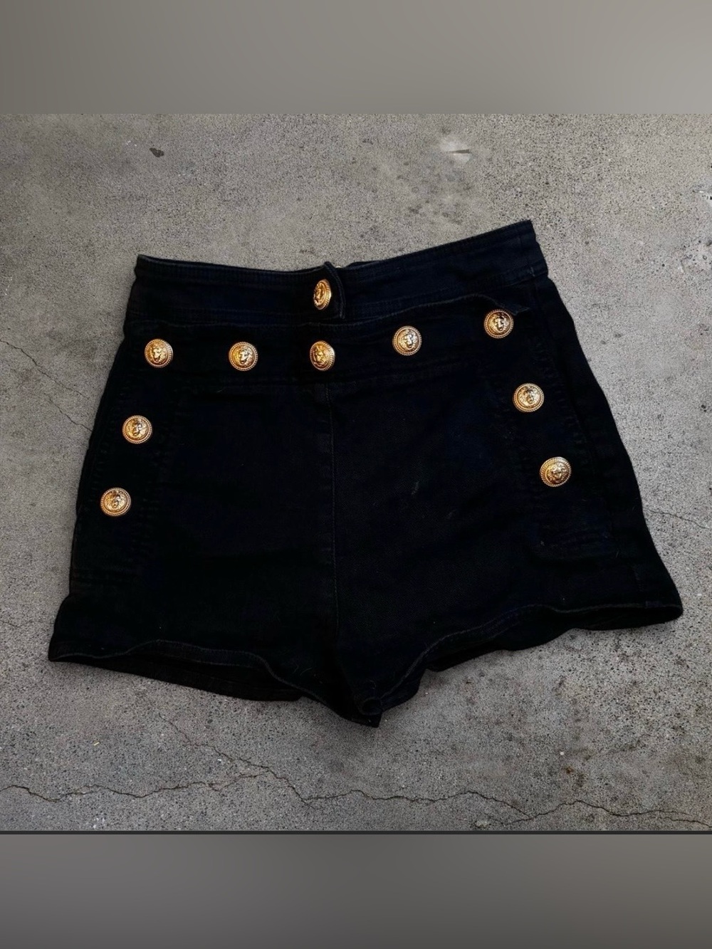 Balmain black denim shorts with gold buttons